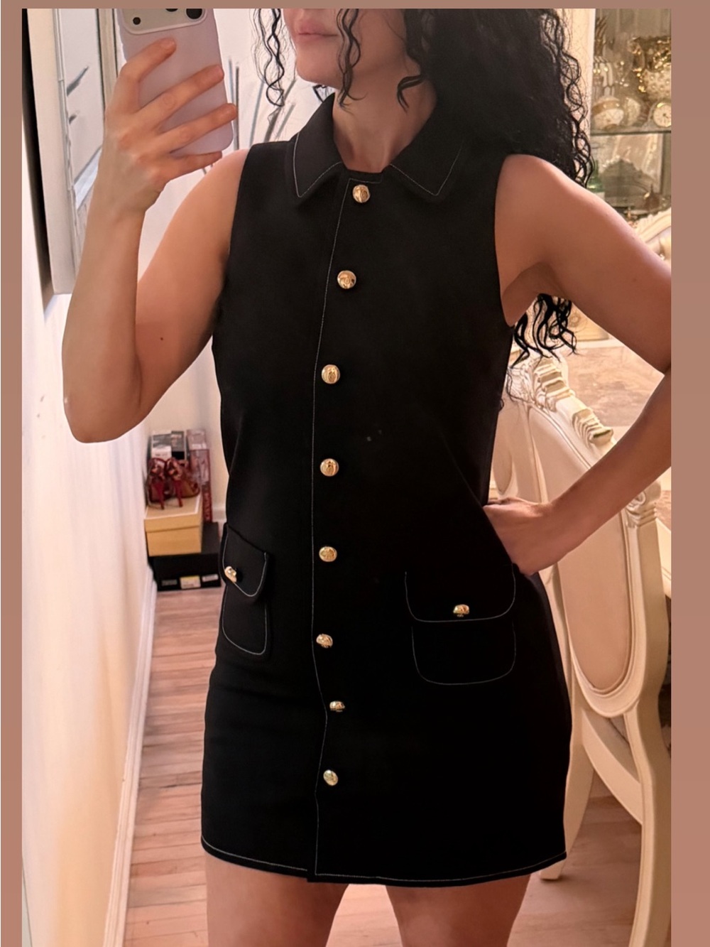 Elie Tahari Black Sleeveless Mini Dress with Gold Buttons